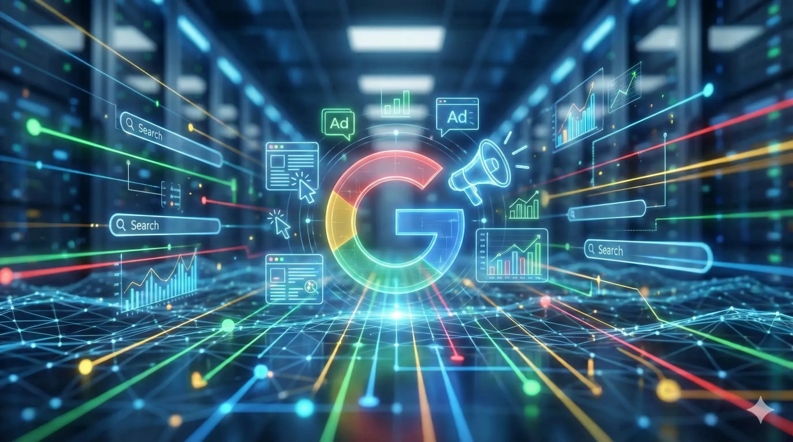 "Digital illustration of Google search and advertising, showing analytics and ad icons.