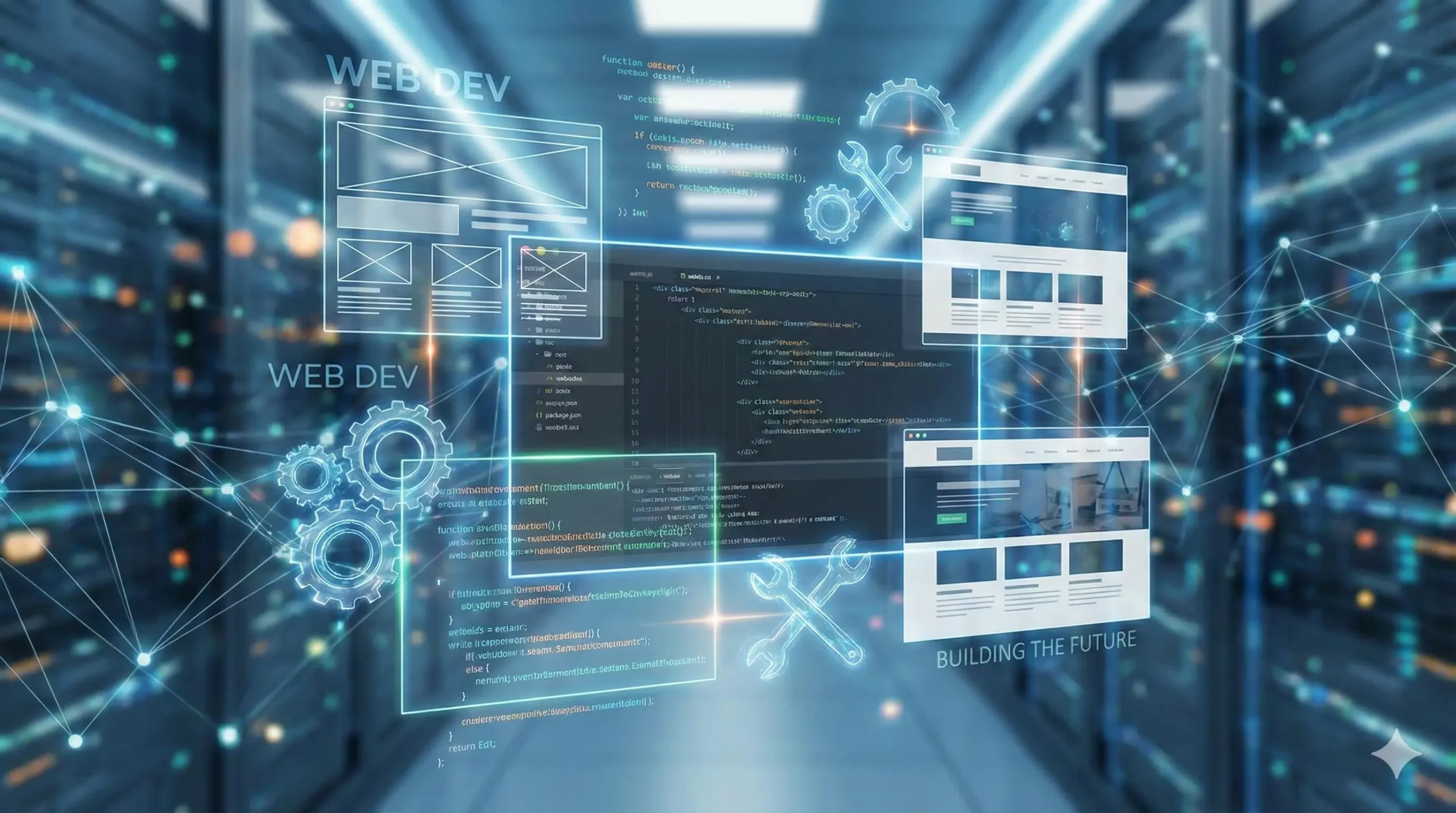 Futuristic web development interface showing website wireframes, code editor, and digital tools inside a server environment