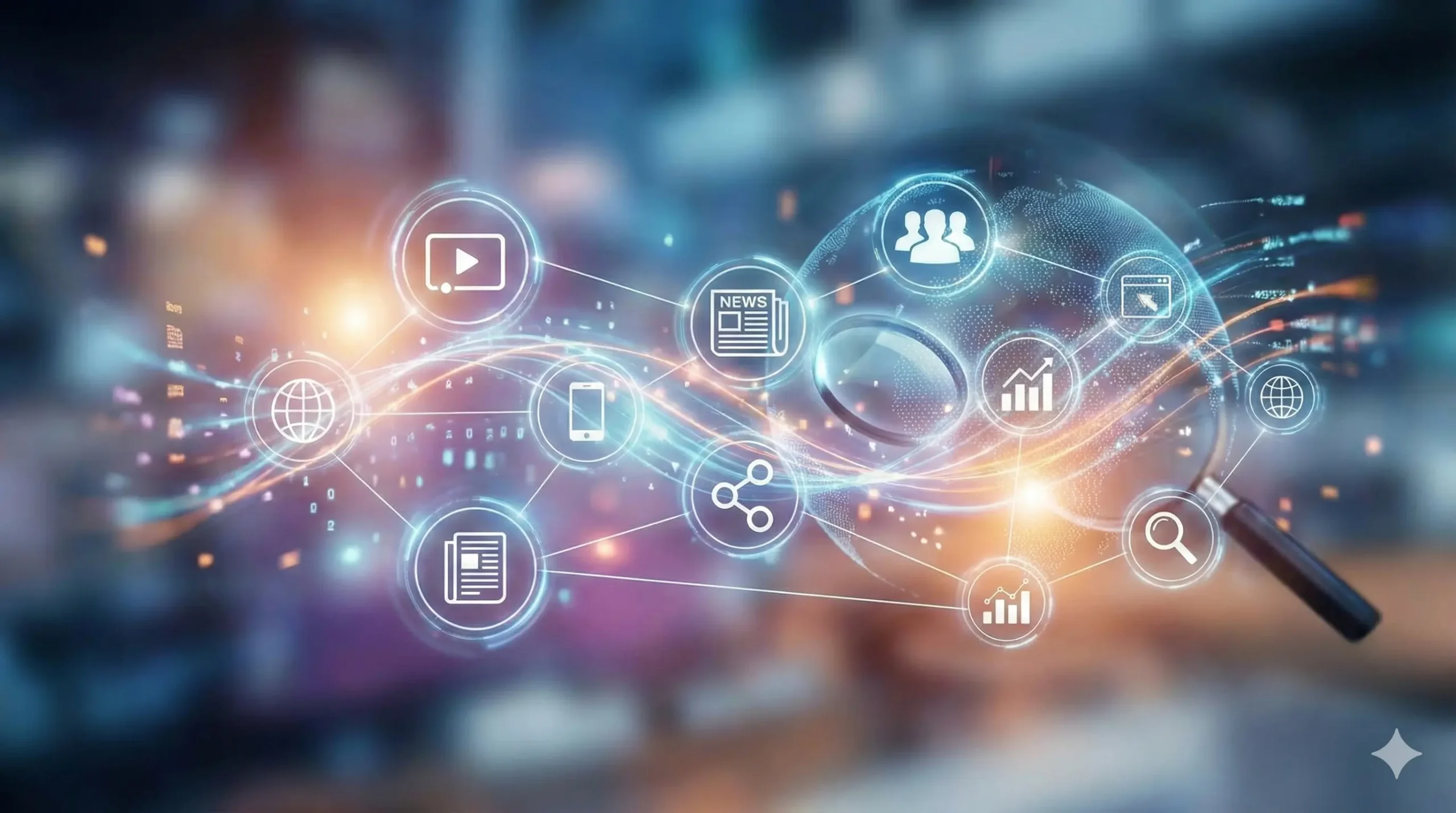 Content digital marketing concept showing connected icons for SEO, content creation, social media, analytics, and online growth