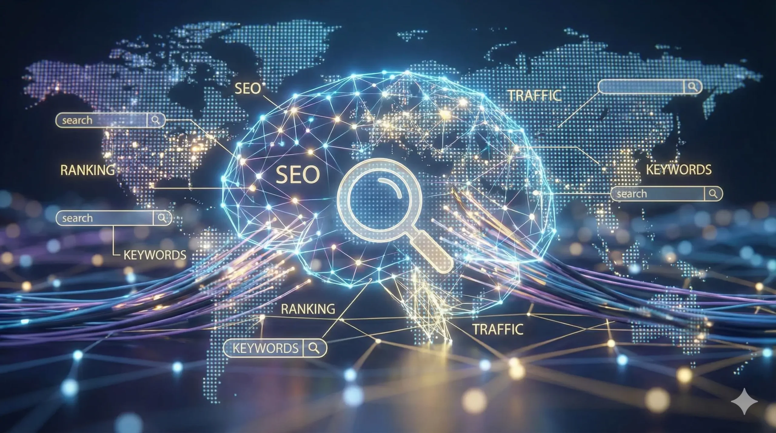 Digital illustration of a global network emphasizing SEO elements like keywords, ranking, and traffic on a world map.