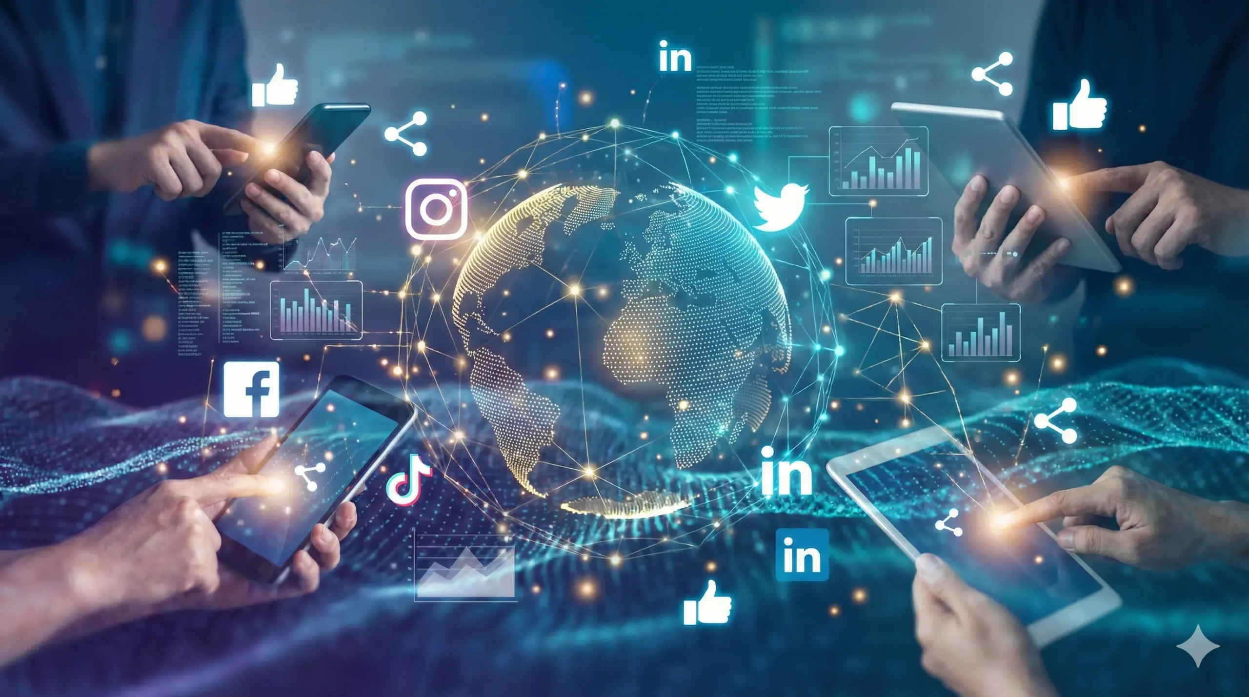 People using mobile devices for social media marketing with icons of Facebook, Instagram, Twitter, and LinkedIn.